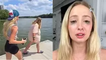 Natalie Reynolds llora fuera de las oficinas de TikTok tras la suspensión de su cuenta por un reto viral que puso en riesgo una vida. Crédito: Ilustración AMTV