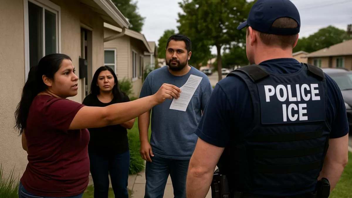 Agentes de ICE en operativo migratorio en zona residencial; residentes se informan sobre sus derechos legales. Crédito: Ilustración AMTV