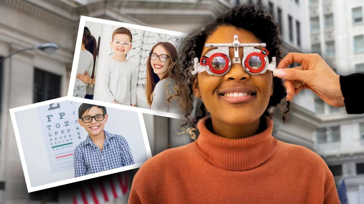 Atención visual gratuita USA: El programa también beneficiará a adultos con errores refractivos, ofreciendo lentes sin copago en ópticas comunitarias y cadenas certificadas. Crédito: Ilustración AMTV