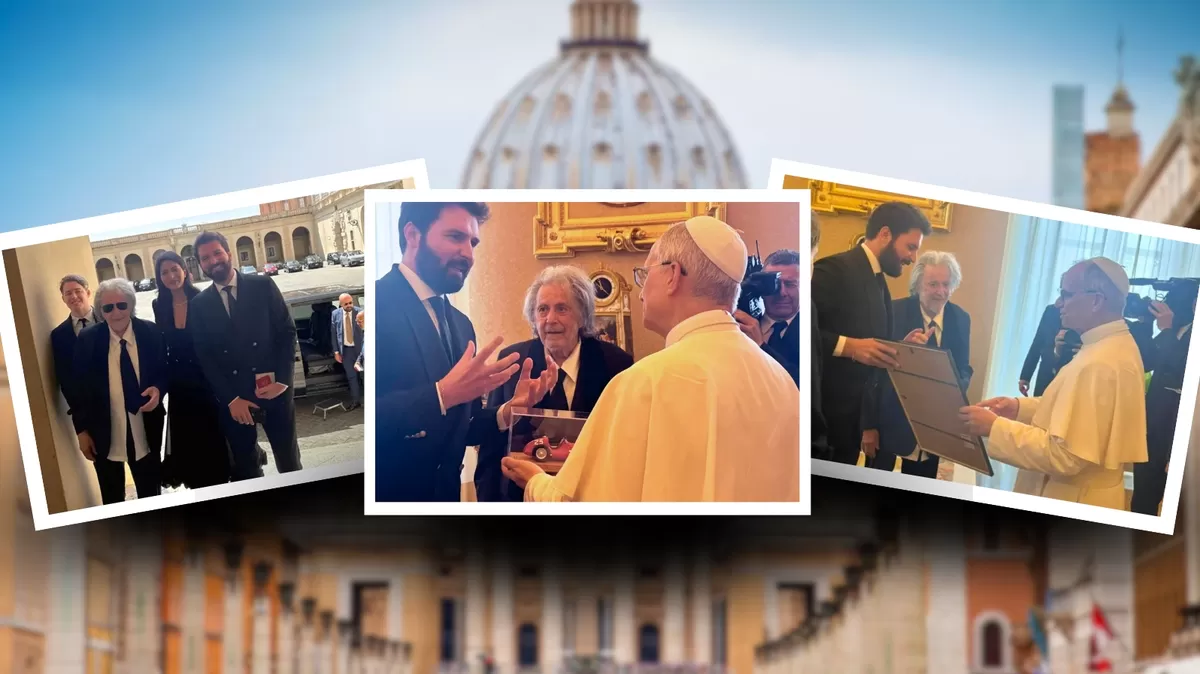 Al Pacino y papa Leon XIV: El Vaticano consideró el encuentro como un paso hacia el diálogo entre el arte y la fe. Crédito: Ilustración AMTV