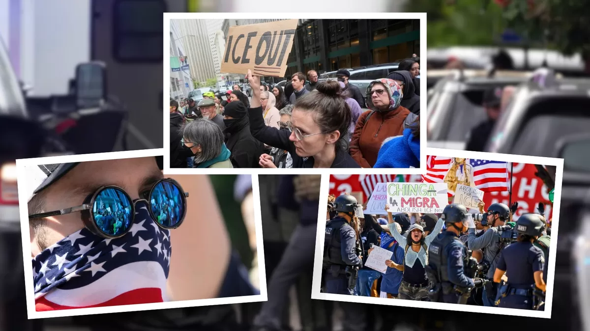 Protestas de inmigrantes USA: Organizaciones de derechos civiles denuncian que Trump busca silenciar el rechazo a las redadas del ICE con medidas represivas. Crédito: Ilustración AMTV