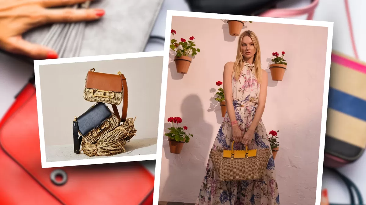 Verano 2025: El Initials Insignia Bucket combina papel artesanal con fibras de algas, reflejando una apuesta de Carolina Herrera por materiales de bajo impacto. Crédito: Ilustración AMTV