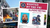 Recompensa FBI USA: Elpidio Reyna fue captado por cámaras usando casco de motocross, gorra de los Lakers y una bandera mexicana durante la protesta del 7 de junio. Crédito: Ilustración AMTV