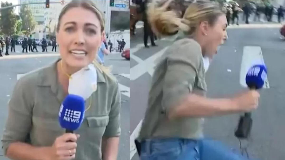 Lauren Tomasi, reportera de 9News, fue impactada por una bala de goma mientras cubría protestas en Los Ángeles. Crédito: Ilustración AMTV